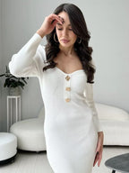 Rib Knit Sweetheart Neck Long Sleeve Gem Button Bodycon Midi Dress