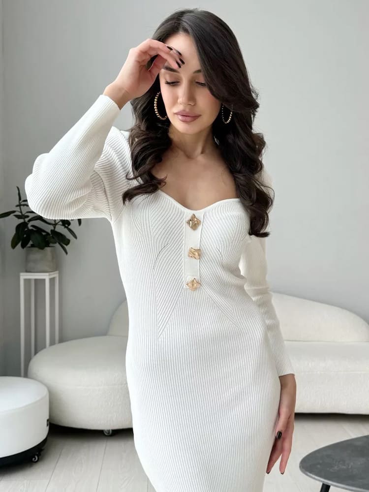 Rib Knit Sweetheart Neck Long Sleeve Gem Button Bodycon Midi Dress