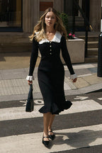 Peter Pan Collar Ribbed Knit Pearl Button Ruffle Cuff Midi Dress