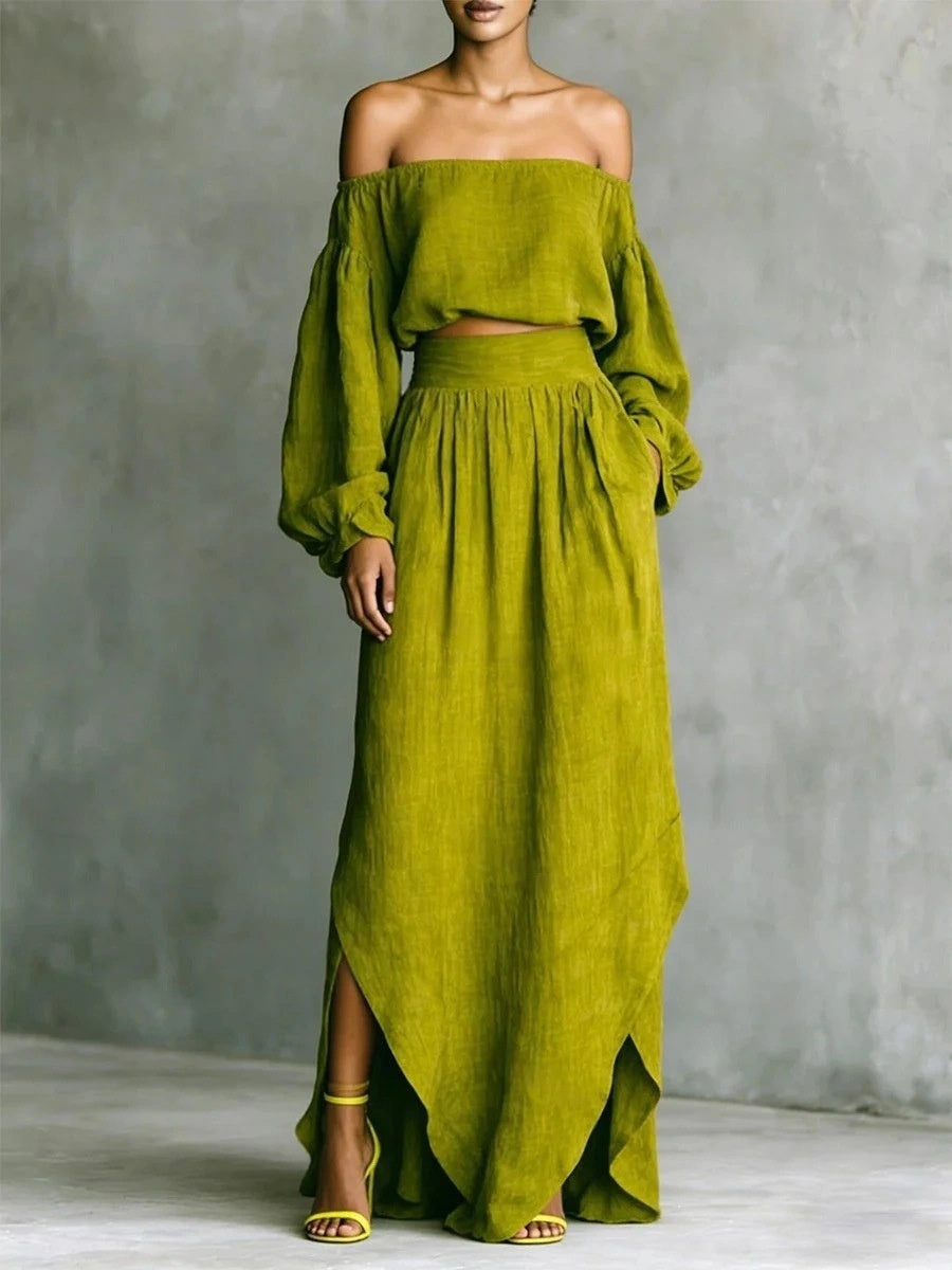 Off Shoulder Cropped Long-sleeved Two-piece Suit