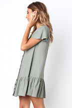 Linen Look V-Neck Button Front Flutter Sleeve Ruffle Hem Mini Dress