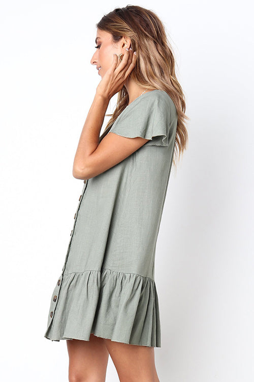 Linen Look V-Neck Button Front Flutter Sleeve Ruffle Hem Mini Dress