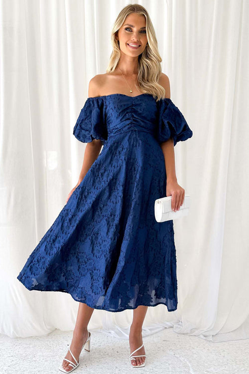 Off Shoulder Ruched Bust Puff Sleeve Floral Jacquard Midi Dress