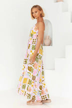 Square Neck Spaghetti Strap Graphic Print Empire Waist Maxi Dress