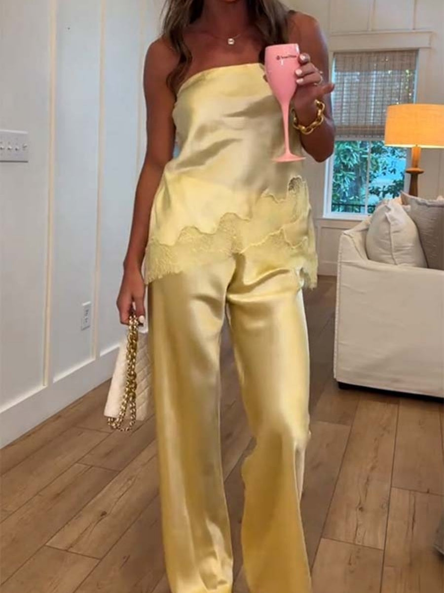 Solid Color Lace Stitching Strapless Top Wide-leg Pants 2-piece Sets