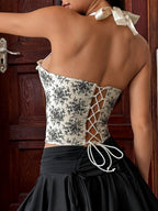 Wood Ear Printed Backless Neck Bra Fishbone Vest