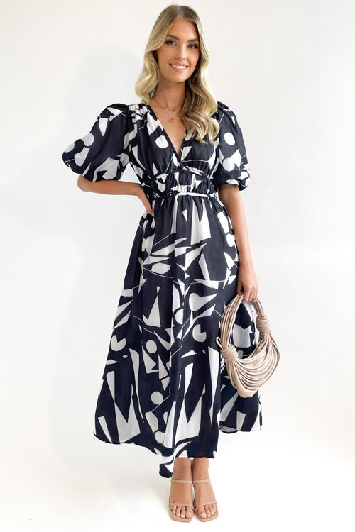 Abstract Geometric Print Deep V-Neck Puff Sleeve Cinched Waist Maxi Dress
