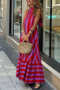 Halter Neck Open Back Striped Ruffle Maxi Vacation Dress