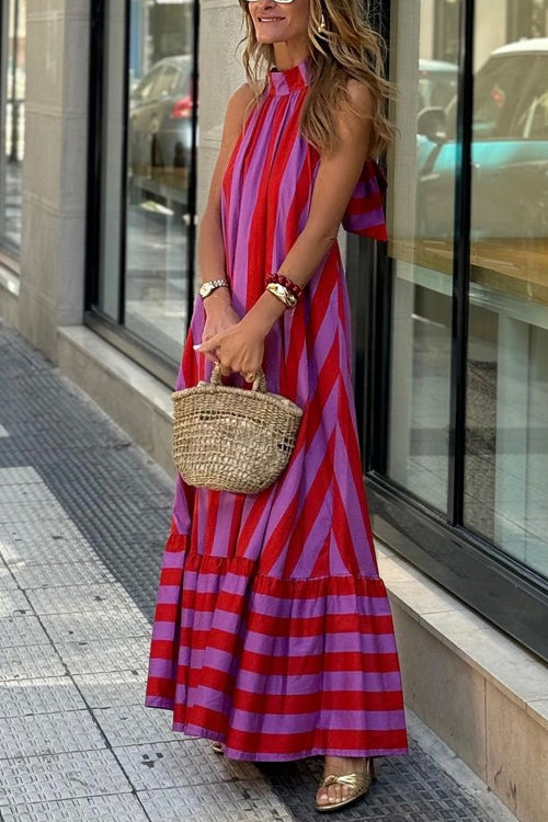 Halter Neck Open Back Striped Ruffle Maxi Vacation Dress