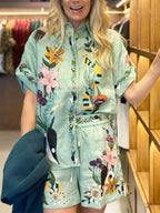 Printed Vacation Long-sleeved Shirt Shorts Set 2-piece Sets