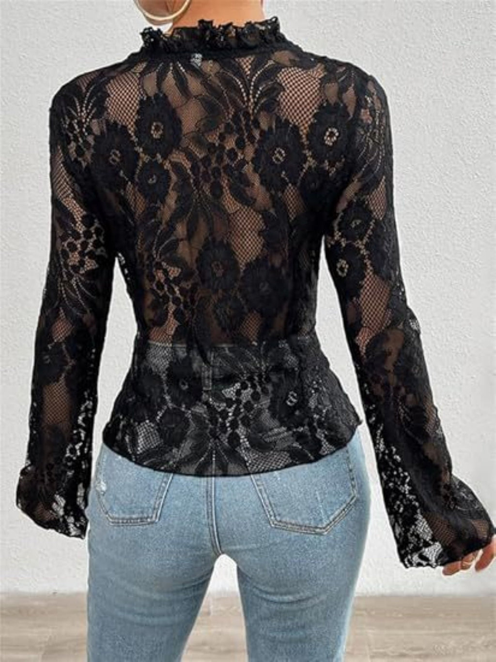 Lace See-through Ruffle Open Front With Tie Sweet T-shirts