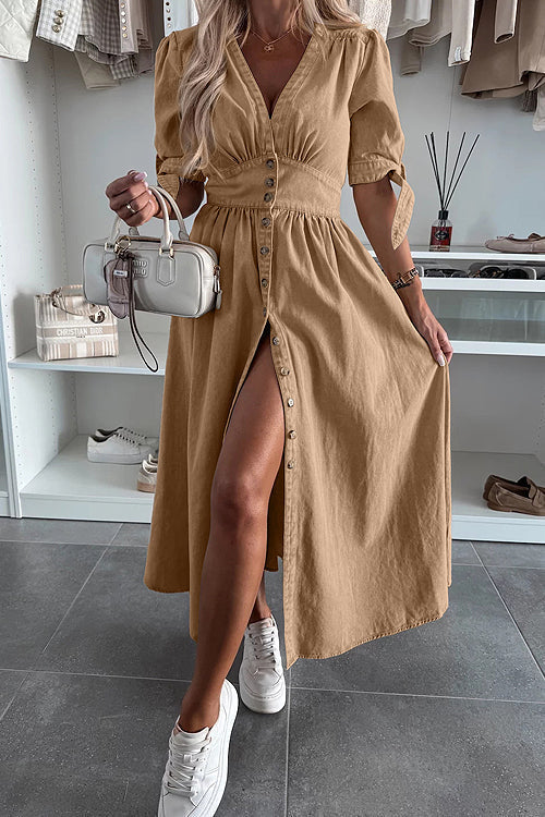 Denim Deep V-Neck Puff Sleeve Button Front Split Midi Dress