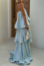 Adjustable Strap Ruffle Layered Satin Maxi Dress