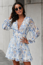 Floral Print Deep V-Neck Bishop Sleeve Tiered Ruffle Mini Dress