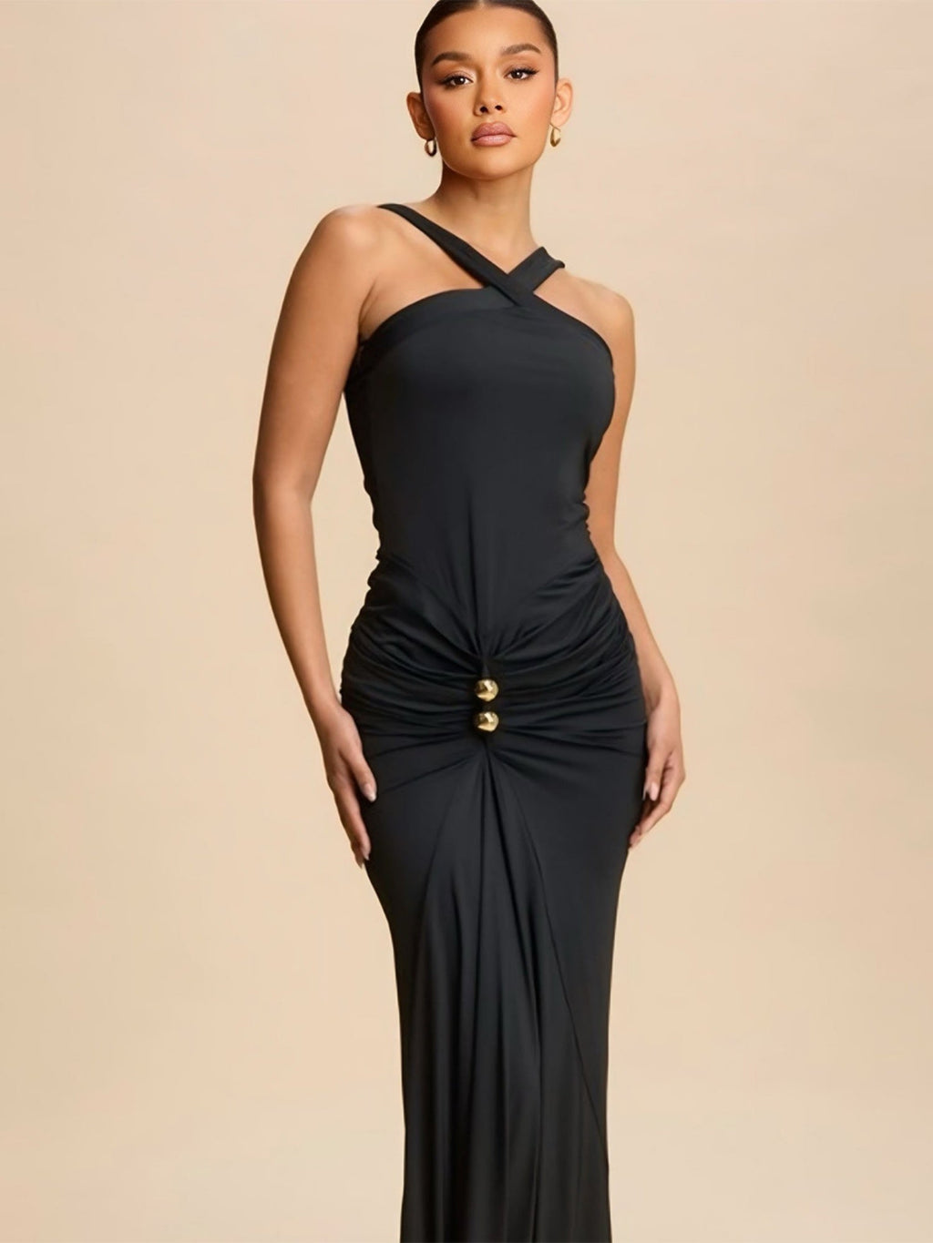 Metal Decoration Cross Shoulder Straps Hip Wrap Pleated Maxi Dresses