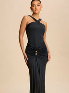 Metal Decoration Cross Shoulder Straps Hip Wrap Pleated Maxi Dresses