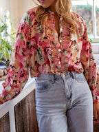 Floral Print Ruffled Round Neck Long-sleeved Shirt