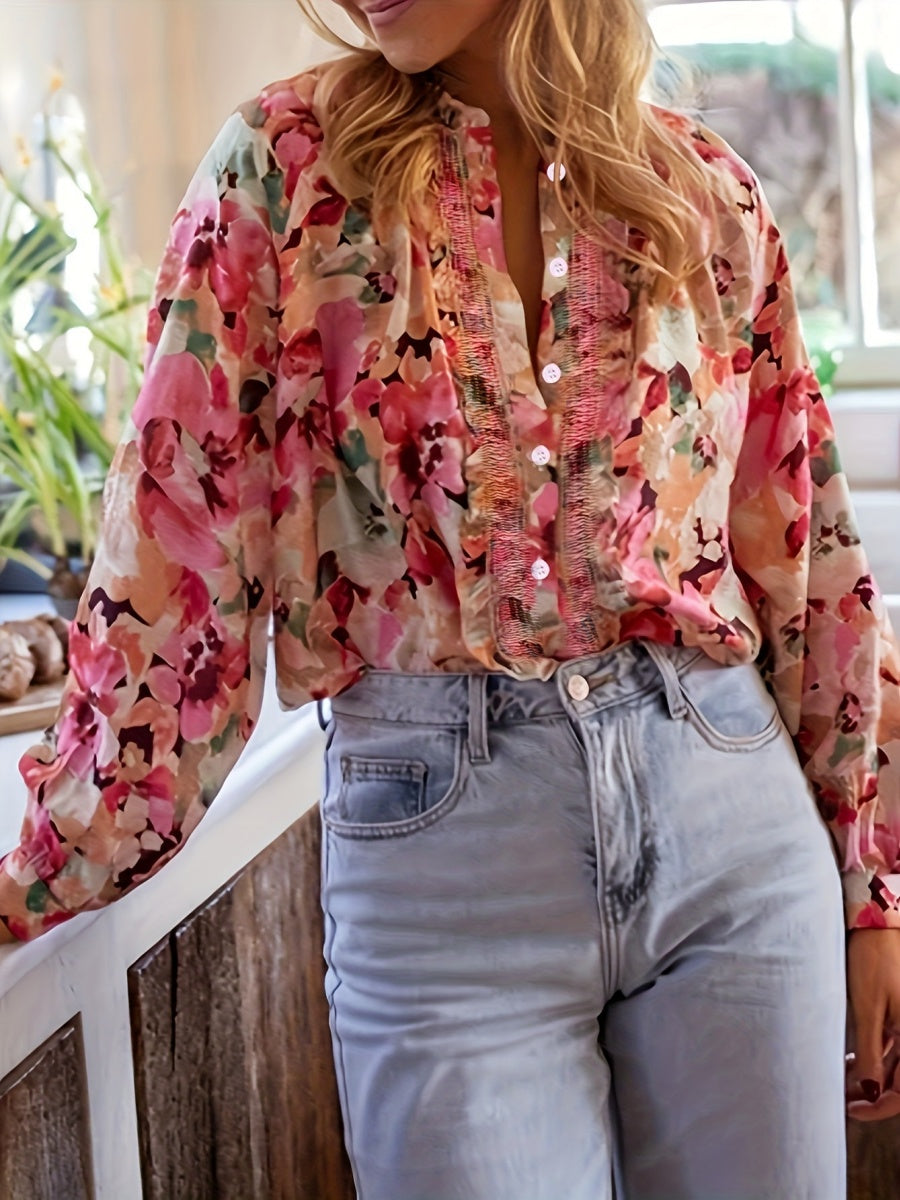 Floral Print Ruffled Round Neck Long-sleeved Shirt