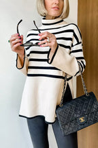 Turtleneck Side Split Striped Sweater