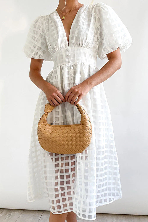 Puff Sleeve Sheer Grid Check Empire Waist Button Front Midi Dress