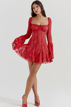 Square Neck Corset Tie Front Floral Lace Bell Sleeve Mini Dress