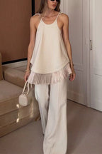Tie Knot Shoulder Sleeveless Fringe Hem Top