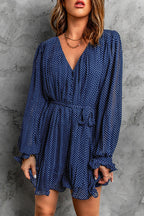 Pleated Deep V-Neck Button Front Tie Waist Lantern Sleeve Mini Dress