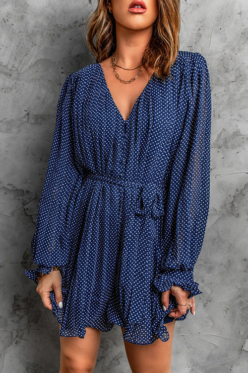 Pleated Deep V-Neck Button Front Tie Waist Lantern Sleeve Mini Dress