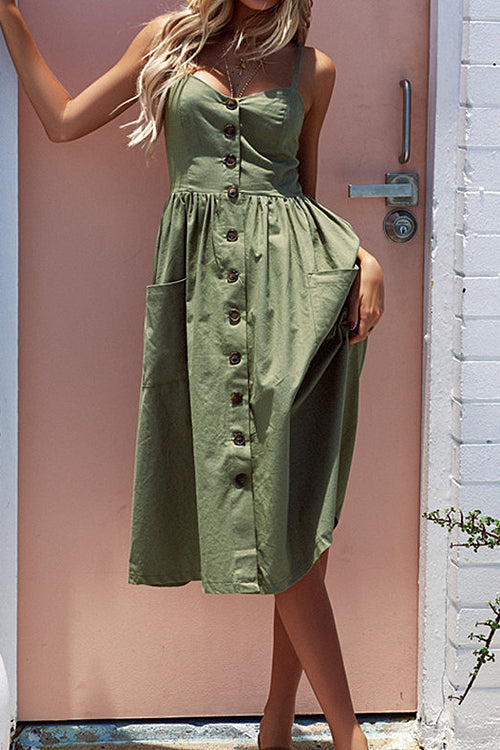 Vertical Stripe Spaghetti Strap Button Down Pocket Front Slit Midi Dress