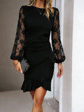 Lace-trimmed Puff Sleeves Ruffled Cross Hem Midi Dresses
