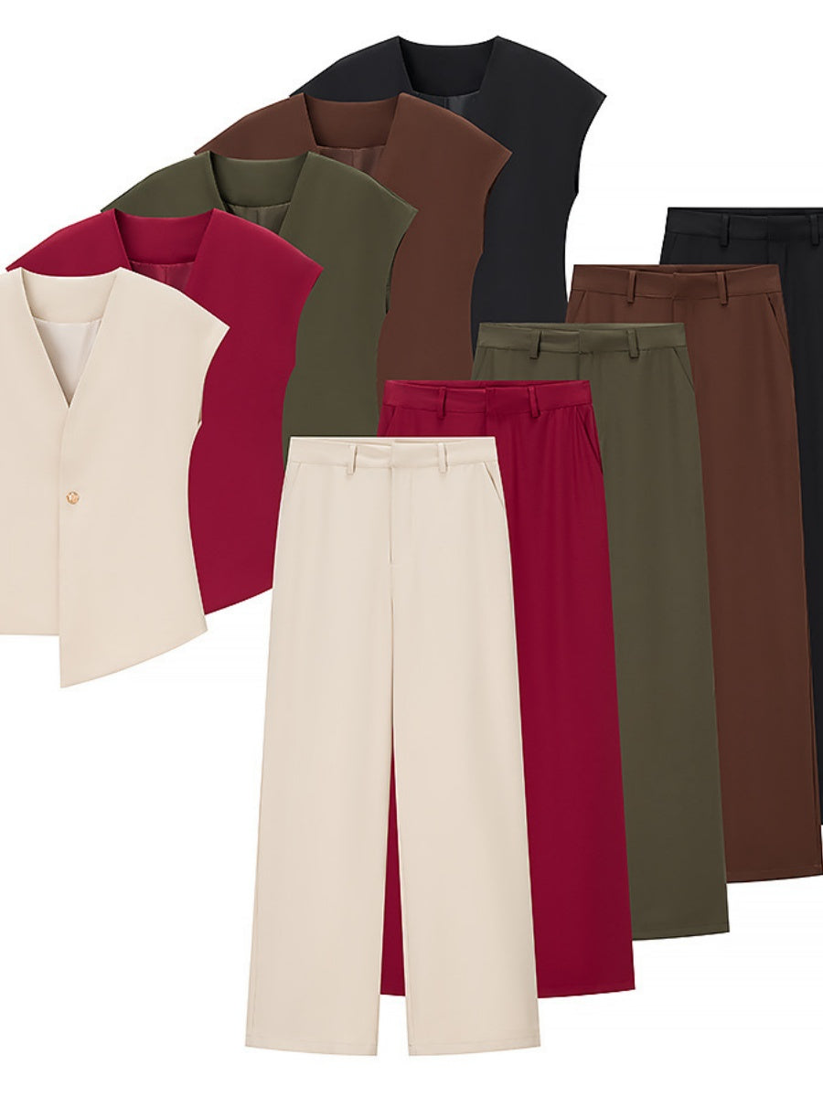 V-neck Buttons Jacket Wide-leg Pants Set Commuting 2-piece Sets