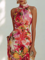Elegant Floral Halter Neck Sleeveless Fitted Chiffon Long Dress