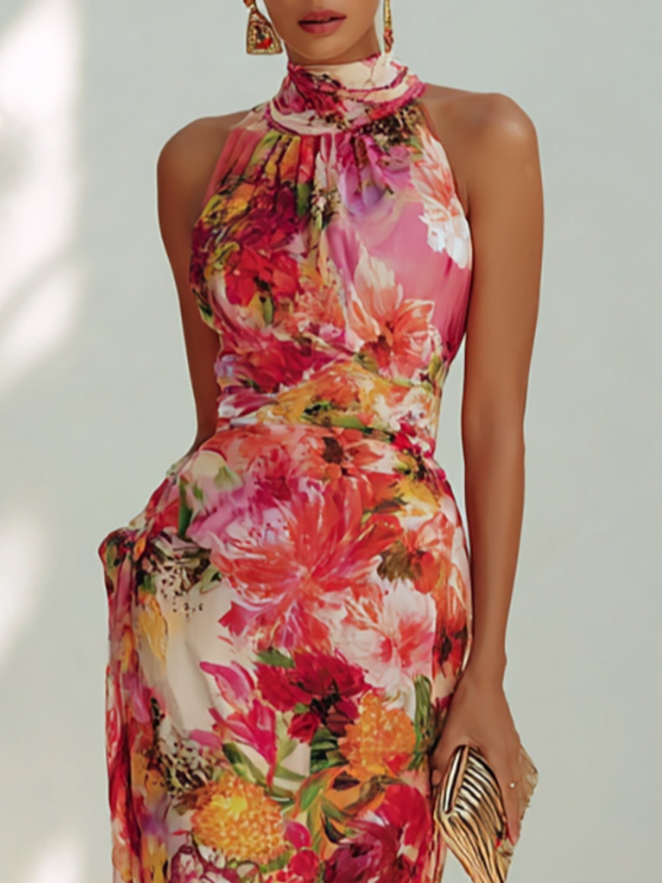 Elegant Floral Halter Neck Sleeveless Fitted Chiffon Long Dress
