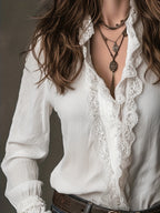 White Lace-trimmed Long-sleeved Shirt