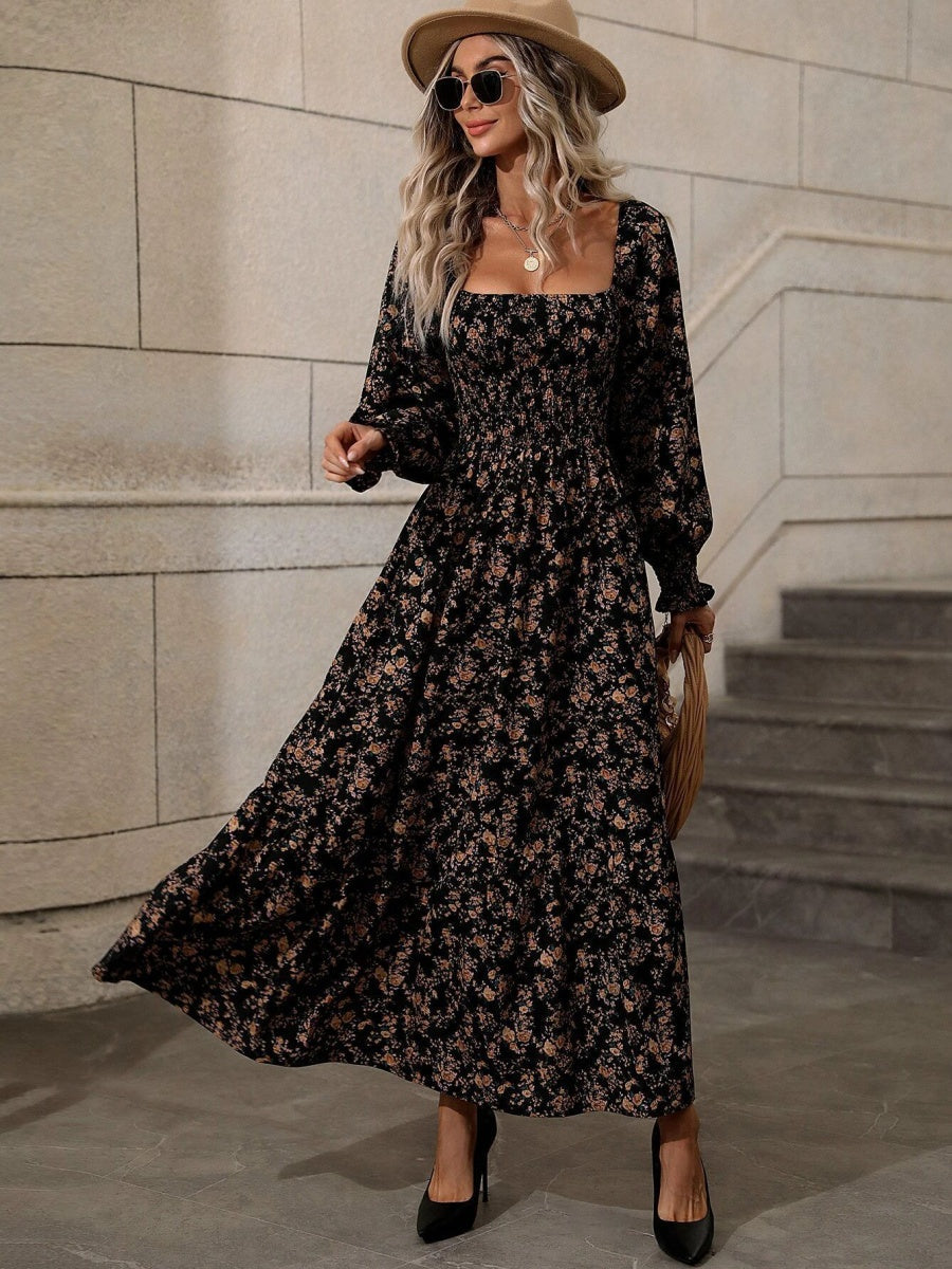 Floral Long Sleeve Square Collar Vacation And Leisure Maxi Dresses