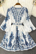 Tropical Botanical Print Puff Sleeve Belted Scalloped Hem Mini Dress