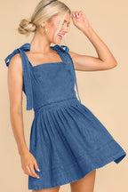 Denim Tie Shoulder Square Neck Pleated Fit and Flare Mini Dress