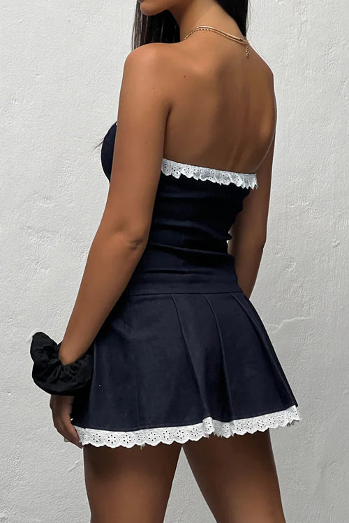 Strapless Eyelet Lace Trim Pleated Drop Waist Mini Dress