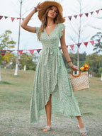 Wrap-up V-neck Bandage Asymmetrical Skirt Vacation And Leisure Maxi Dresses
