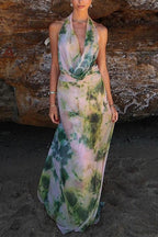 Deep V Neck Sleeveless Printed Flowy Maxi Dress