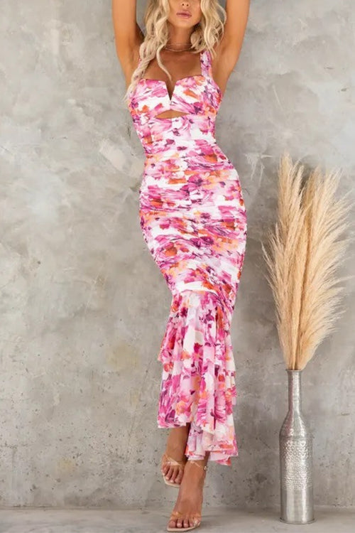 Cut Out Mesh Overlay Floral Print Ruffle Midi Cami Dress