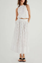 Elastic Waist Lace Hollow Out Pocketed Maxi Skirt