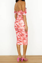 Off Shoulder Ruched Floral Midi Bodycon Dress