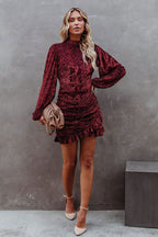 Burnout Velvet Mock Neck Damask Bishop Sleeve Ruched Flounce Mini Dress
