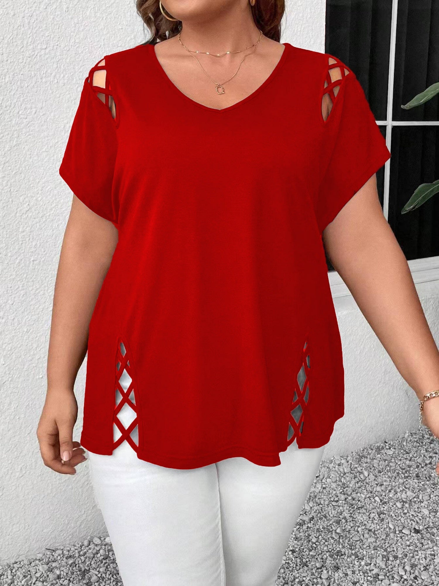 Hollow Out V-neck Cross Belt Short-sleeved T-shirt
