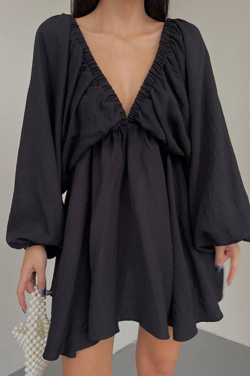 Crinkle Texture Deep V-Neck Puff Sleeve Babydoll Mini Dress