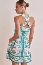 Ornamental Print Square Neck Wide Strap A-Line Mini Dress