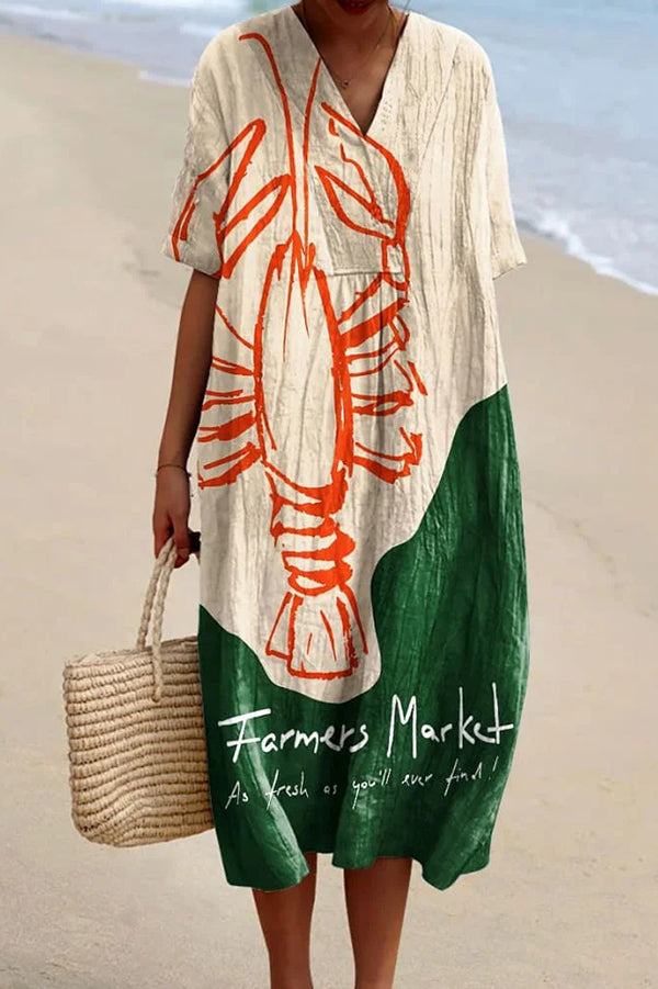 Lobster Graphic Oversized V-Neck Short Sleeve Linen Shift Midi Dress