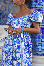 Off Shoulder Puff Sleeve Tile Print Tiered Maxi Dress