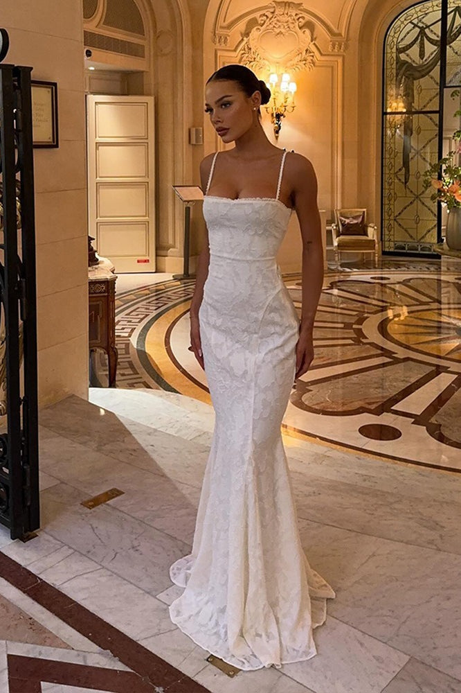 Lace Corset Square Neck Spaghetti Strap Mermaid Maxi Gown